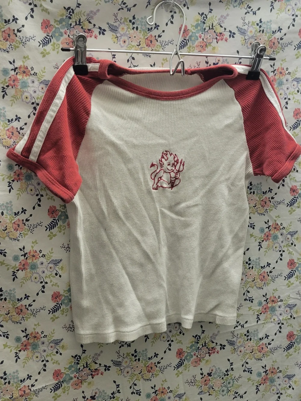 White & Red Crop Top with Embroidered Little Demon